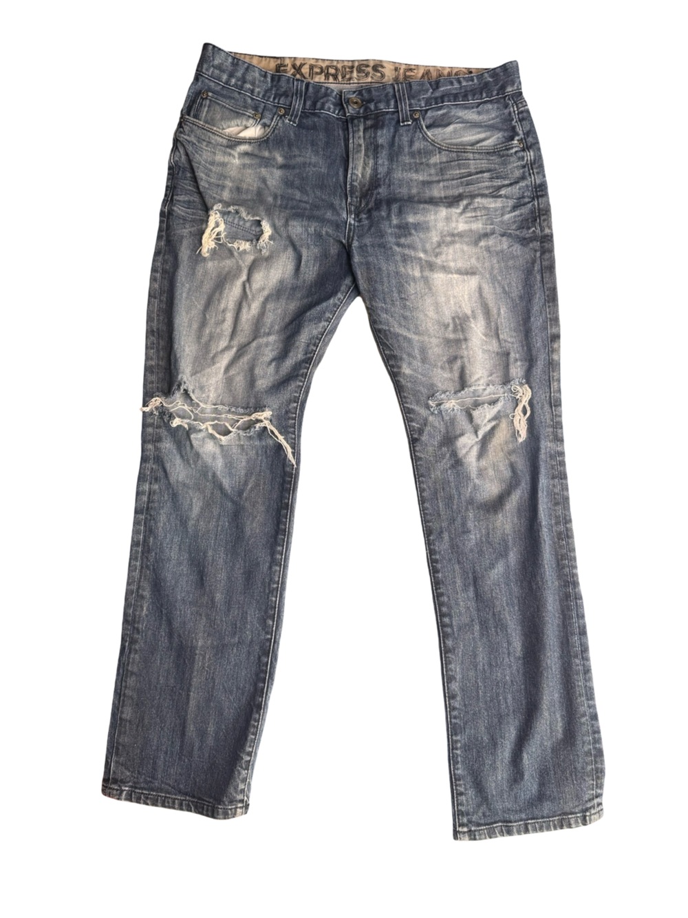 Express Men's Slim Straight Distressed Jeans - Faded Blue